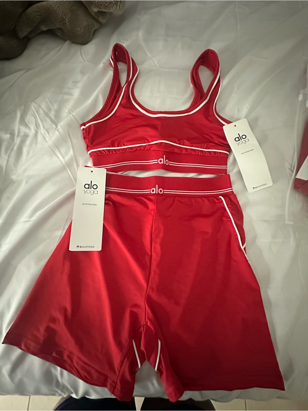 ALO Yoga Red Sports Bra and High-Waist Shorts Set with White Trim